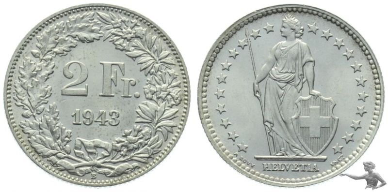 2 Franken 1943 B in wunderbarer Qualität !!!